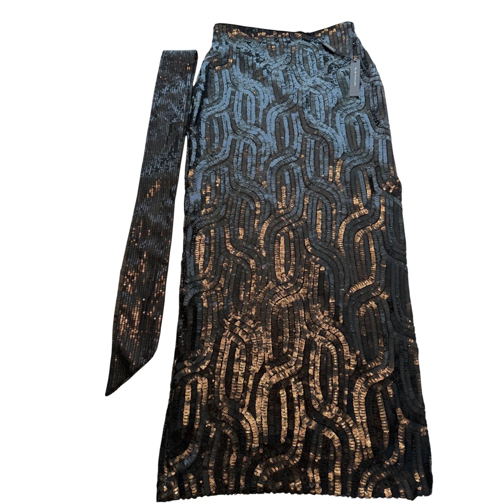 Elie Tahari Black Bronze Sequin Wave Midi Pencil Skirt with Sash NWT Size S